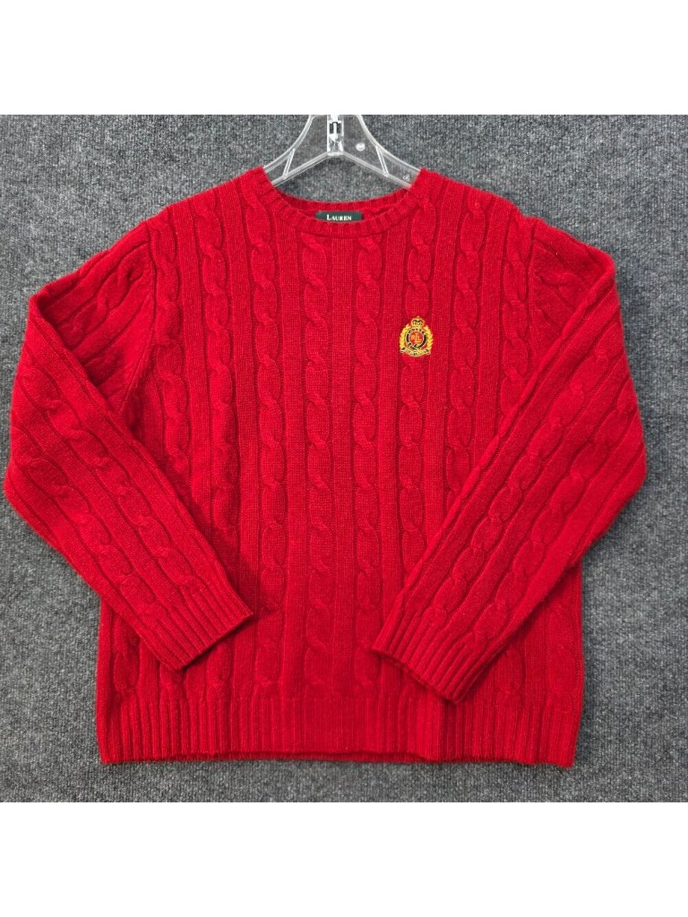 Lauren Lambswool Cable Knit Crest Sweater XL Red Preppy Quiet Luxury Tomato Girl